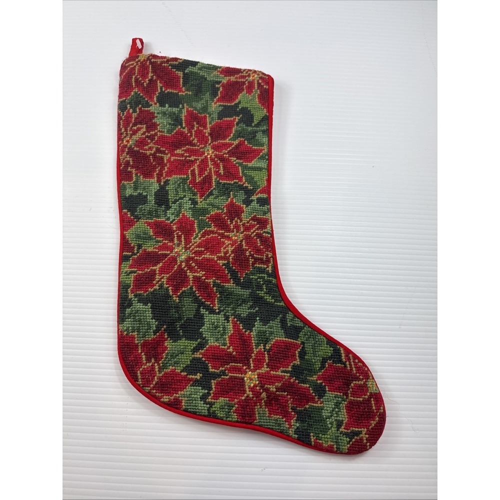 Imperial Elegance Poinsettias Needlepoint Hanging Christmas Stocking 90s #1
